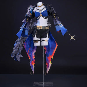 Wuthering Waves Gabrielle Cosplay Costume, black and deep blue outfit with gold decorations, front view.