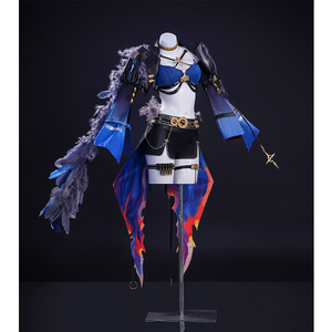 Wuthering Waves Gabrielle Cosplay Costume, black and deep blue outfit with feather decoration, left side view.
