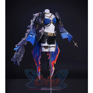 Wuthering Waves Gabrielle Cosplay Costume, black and deep blue outfit with feather decoration, left side view.