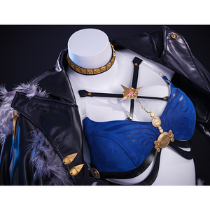 Wuthering Waves Gabrielle Cosplay Costume, black PU leather coat and deep blue bar.
