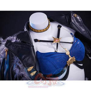 Wuthering Waves Gabrielle Cosplay Costume, black PU leather coat and deep blue bar.
