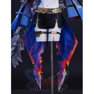 Wuthering Waves Gabrielle Cosplay Costume, high-waisted black shorts with gold belt buckle.