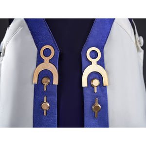 Mornye cosplay costume back with blue ribbon straps and gold circular ornaments on white coat