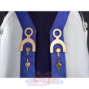 Mornye cosplay costume back with blue ribbon straps and gold circular ornaments on white coat