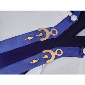 Mornye cosplay costume blue ribbon detail with gold circular decorations and white button fastener