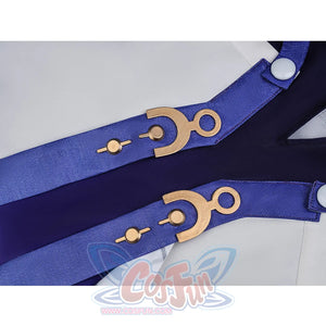 Mornye cosplay costume blue ribbon detail with gold circular decorations and white button fastener