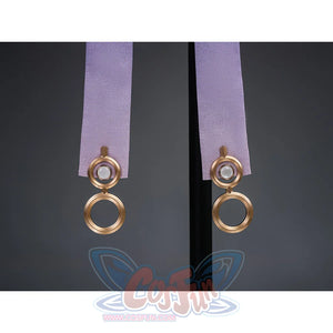 Mornye cosplay purple ribbon straps with gold circular rings and pearl details on gray background