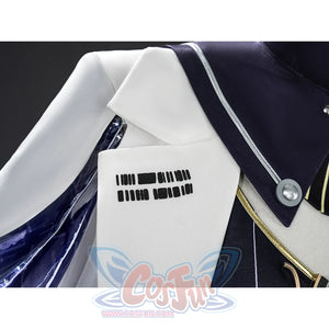 Mornye cosplay costume white coat collar detail with black text markings and purple sleeve trim
