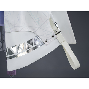 Mornye cosplay white coat hem with diamond lattice pattern, silver buttons, and text detail