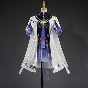 Mornye cosplay costume full front view with white coat, purple dress, black collar, gradient details