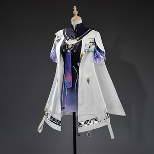 Mornye cosplay costume left side view with white coat, purple gradient dress, black collar, purple sleeves