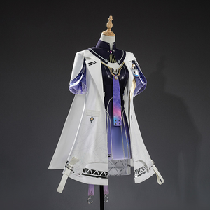 Mornye cosplay costume right side view with white coat, purple sleeves, black collar, gradient dress