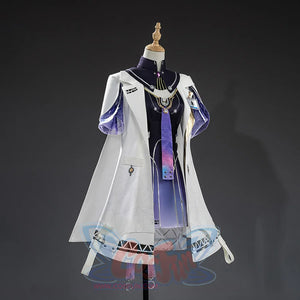 Mornye cosplay costume right side view with white coat, purple sleeves, black collar, gradient dress
