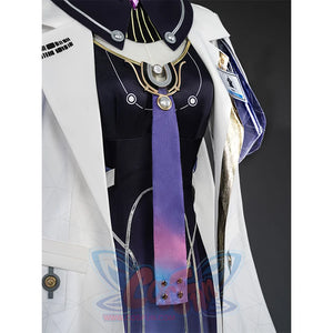 Mornye cosplay costume with purple gradient tie, black collar, gold necklace, and white coat detail
