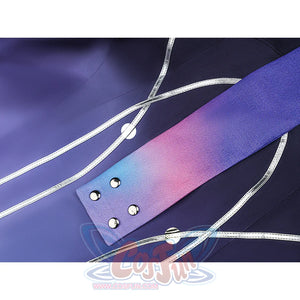 Mornye cosplay gradient purple tie detail with silver buttons, white trim edges on dark blue fabric