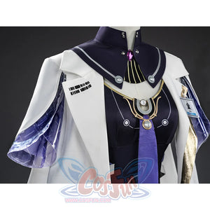 Mornye cosplay upper body with black collar, purple gem, gold necklace, white coat, purple tie detail