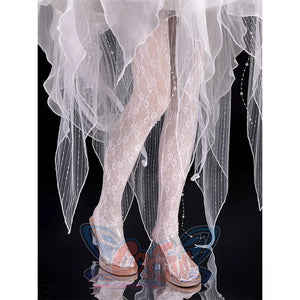 Phrolova cosplay costume white lace pantyhose paired with feathered skirt and brown shoes
