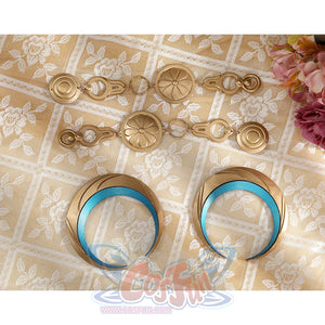 Wuthering Waves Yuno Cosplay Costume, gold and blue braecelet and body accessories.
