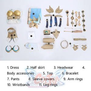 Wuthering Waves Yuno Cosplay Costume, includes dress, half skirt, headwear, body accessories, top, bracelet, pants, sleeve covers, arm rings, leg rings, wristbands.