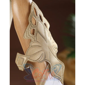 Wuthering Waves Yuno Cosplay Costume, gold PU leather arm rings with embroidery.