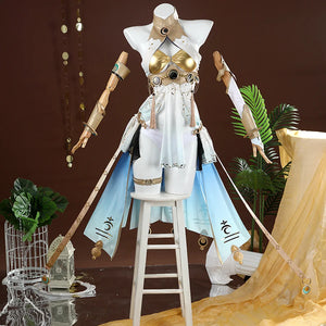 Wuthering Waves Yuno Cosplay Costume, blue and white outfit with gold decorations, front view.