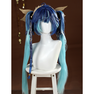 Wuthering Waves Yuno Cosplay Costume, gold winged headdwear and dark blue headband.