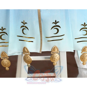 Wuthering Waves Yuno Cosplay Costume, ribbons are light blue with gold decorations.