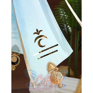 Wuthering Waves Yuno Cosplay Costume, ribbons are light blue with gold decorations.