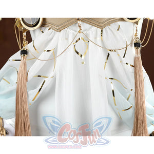 Wuthering Waves Yuno Cosplay Costume, the skirt consists of lightweight fabric with gold leaf decoration.