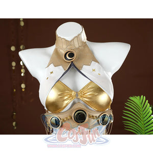 Wuthering Waves Yuno Cosplay Costume, white and gold top, there is a gold decoration in the center of the collar.