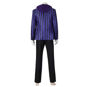 Back view of Xavier Thorpe’s complete cosplay costume, featuring a striped blazer with a purple hood, paired with black pants, on a mannequin.