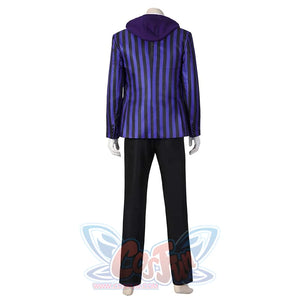 Back view of Xavier Thorpe’s complete cosplay costume, featuring a striped blazer with a purple hood, paired with black pants, on a mannequin.