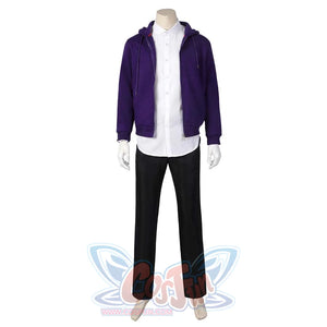 Full display of Xavier Thorpe’s casual cosplay ensemble: purple hoodie over a white shirt, paired with black pants, on a mannequin.