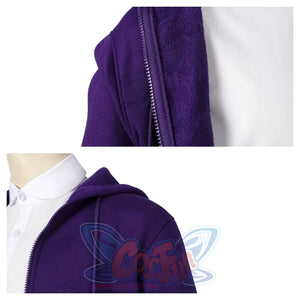 Close - up of the purple hoodie’s inner lining and zipper from Xavier Thorpe’s cosplay costume, layered over a white shirt.