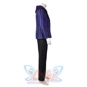 Side perspective of Xavier Thorpe’s cosplay suit, highlighting the striped blazer with hood, white shirt, and black pants, on a mannequin.