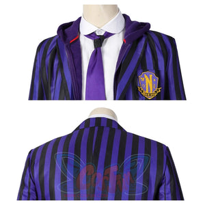 Dual view of Xavier Thorpe’s cosplay blazer: front view showing the hoodie lining and tie, and back view of the striped blazer, on a mannequin.