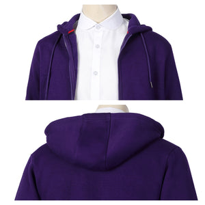Dual close - up of Xavier Thorpe’s purple hoodie: front view showing the zipper and lining over a white shirt, and back view of the hood, on a mannequin.