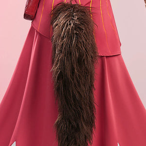 Ye Shunguang cosplay dark brown fluffy tail accessory displayed with red costume on pink background