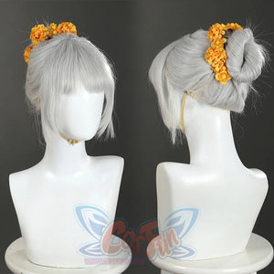 Judy yellow floral dress costume wig and flower hair accessory detail front and side view