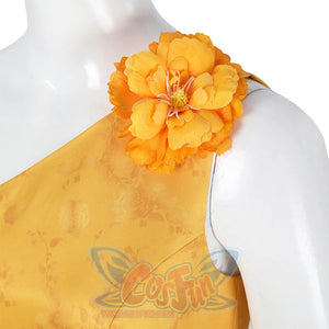 Judy yellow floral dress shoulder flower decoration close-up detail