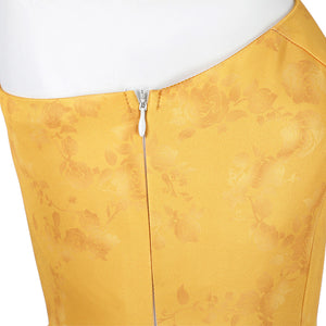 Judy yellow floral dress back zipper closure detail and fabric texture