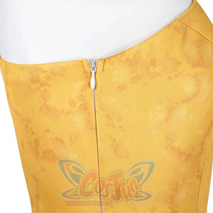 Judy yellow floral dress back zipper closure detail and fabric texture