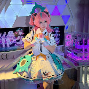 COSFUN Zenless Zone Zero Aria cosplay costume layers white ruffled dress over a teal graphic skirt with striped gloves.