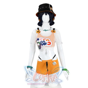 The upper body is a transparent short T-shirt with a bright graffiti pattern on the chest and small flowers on the shoulder straps, the lower body is orange sports shorts with a black drawstring design, the hat is mainly black with orange and white embellishments.