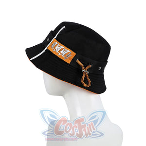 The bucket hat is a combination of black and orange, the hatband has silver metal eyelets with a drawstring for size adjustment, and there is a orange label on the side of the hat.