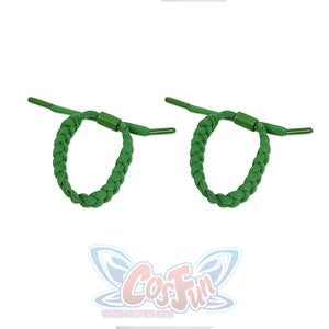 There are two green braided bracelets on the left hand, made of several ropes interwoven, there are two small ropes at the end of the bracelet.