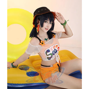 The set has rich accessories, including black hats, red earrings, unique design necklace, small flowers on the shoulder straps, green bracelet.