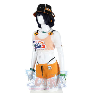 The upper body is a transparent short T-shirt with a bright graffiti pattern on the chest and small flowers on the shoulder straps, the lower body is orange sports shorts with a black drawstring design, the hat is mainly black with orange and white embellishments.