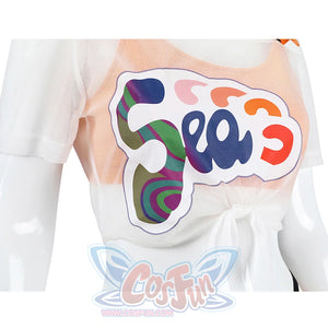The upper body is a transparent short T-shirt with a bright graffiti pattern on the chest.