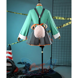 Zhao cosplay costume back on mannequin displaying fluffy pink bunny tail and orange rings